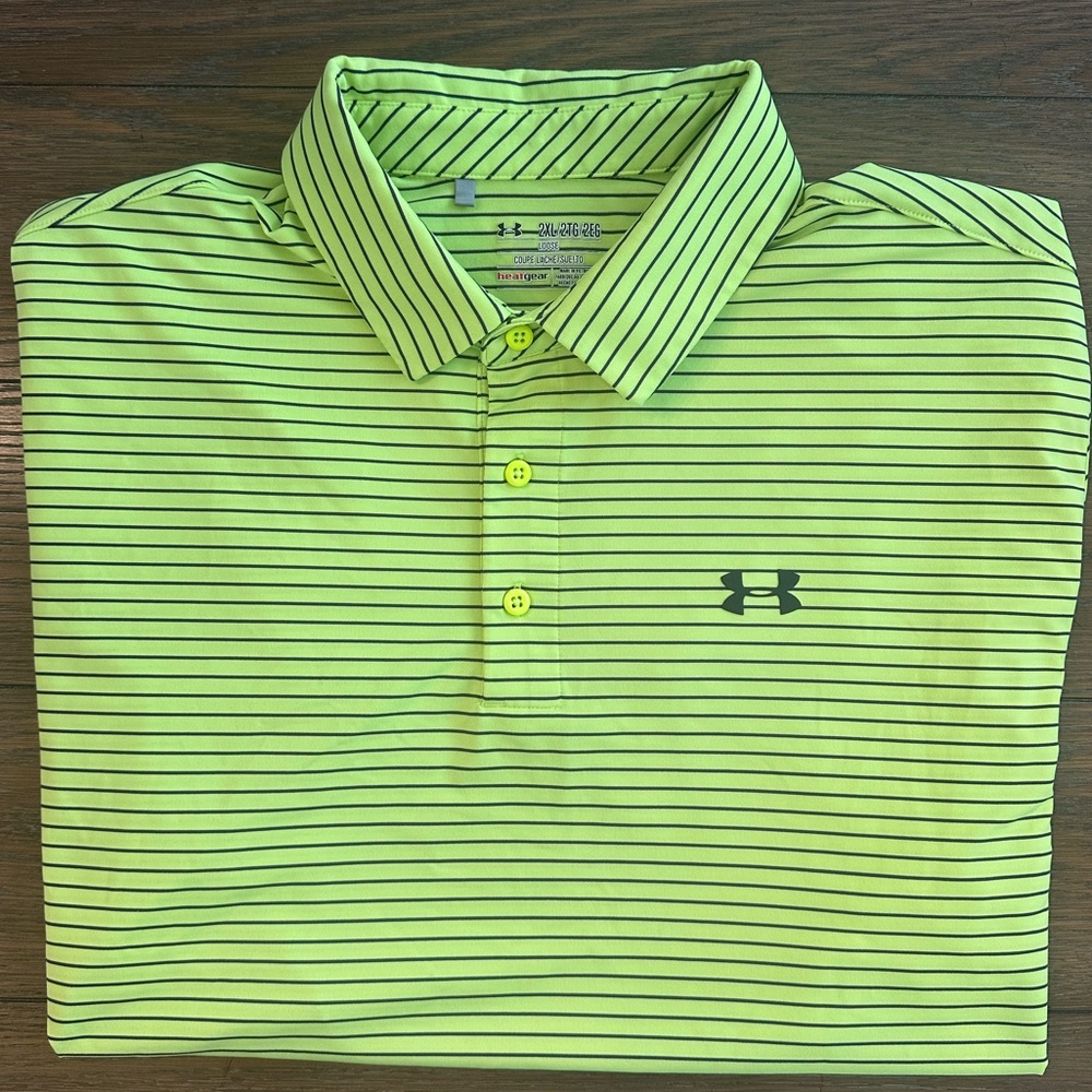 Under‎ Armour Lime Striped Button Down Polo Size 2XL Gently Worn